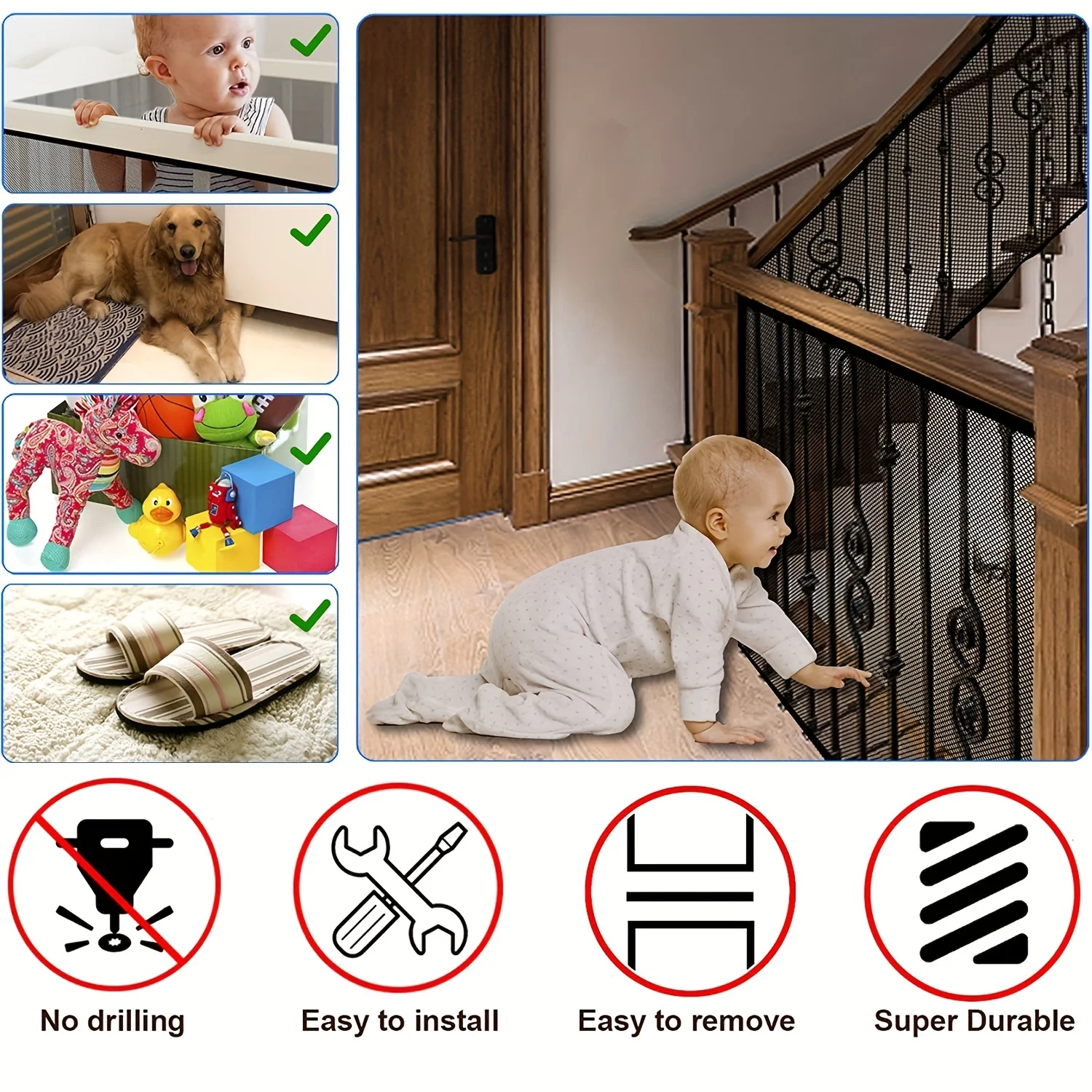 Baby Gate for Stairs, Banister Guard for Kids, Pets, Mesh Safety Net for Balcony Rail Stair, Stairway Net for Indoor Outdoor