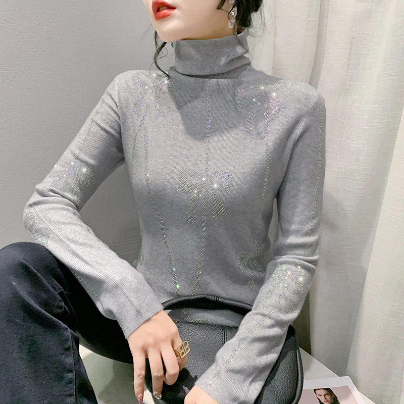 Black Korean Style Fall Knitted Sweater Chic Sexy Women Turtleneck Bowtie Hot Drill Long Sleeve Pullover Tops 2024 New 4100207