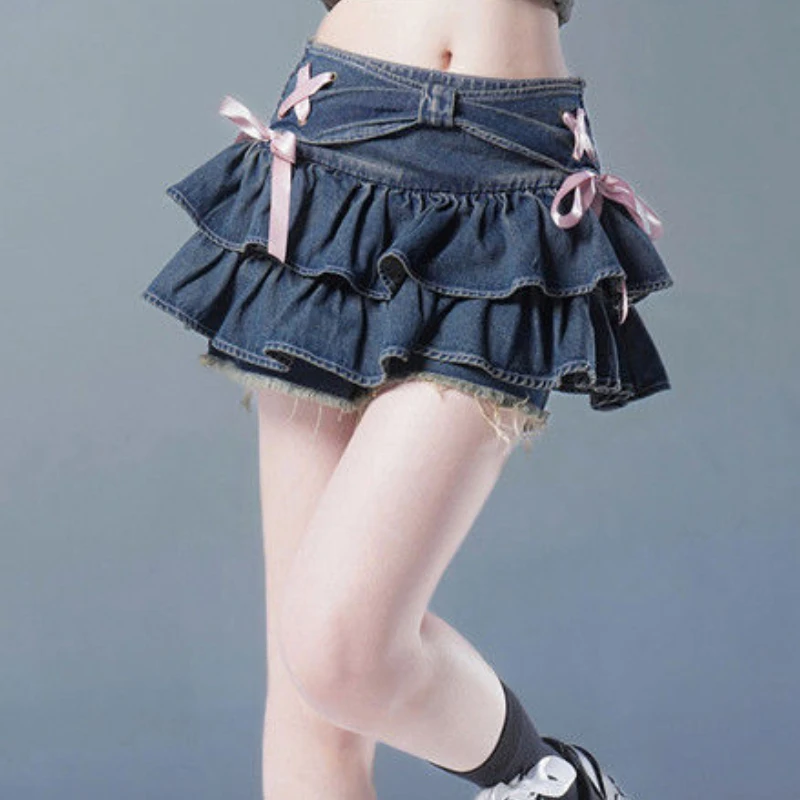 Trendy Sweet Bandage Bow Women Skirts Y2k Aesthetic A-line Pleated Mini Skirt High Waist Slim Streetwear Denim Faldas Grunge