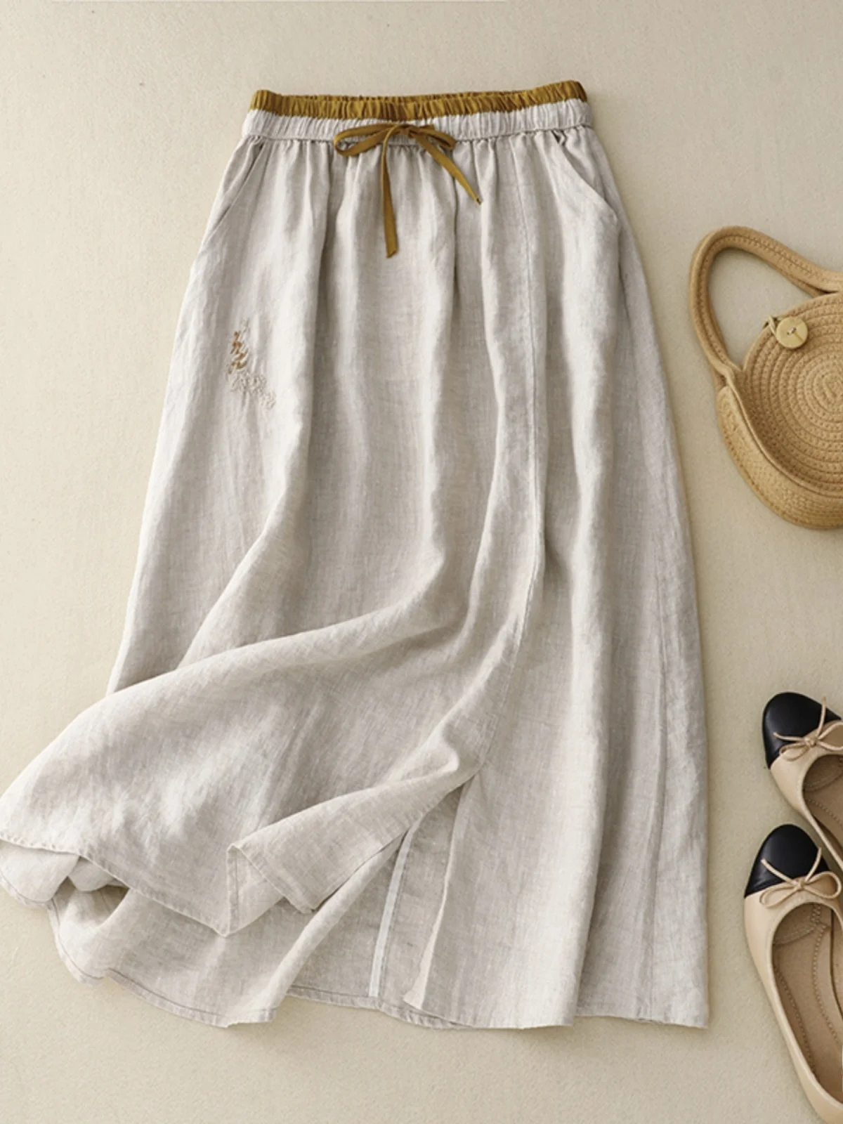 

Юбка трапециевидной формы с высокой талией, льняная хлопковая смесь вышивки, контрастный цвет, винтажная женская мода средней длины