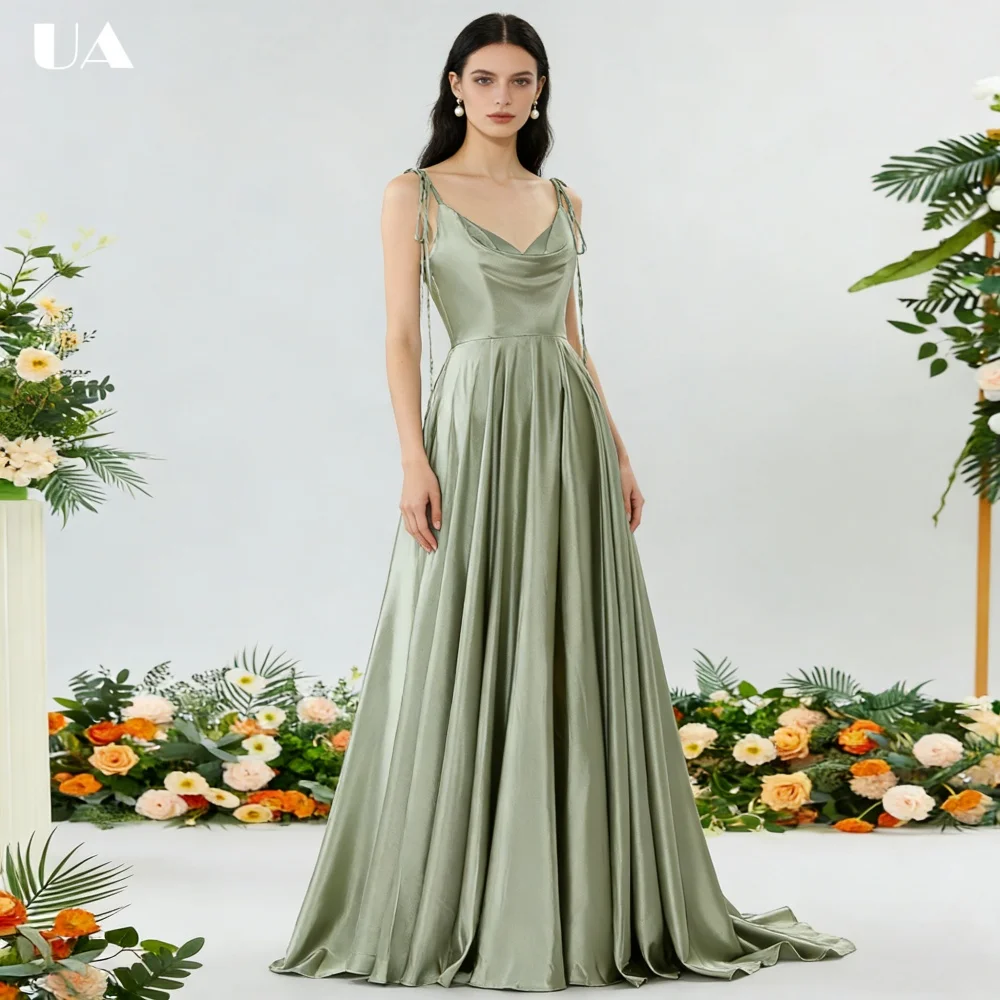 ULBYANRY Customized Satin A-Line Prom Dress with Tied Spaghetti Strap Elegant Draped Neck Evening Dress Simple Sleeveless Dress