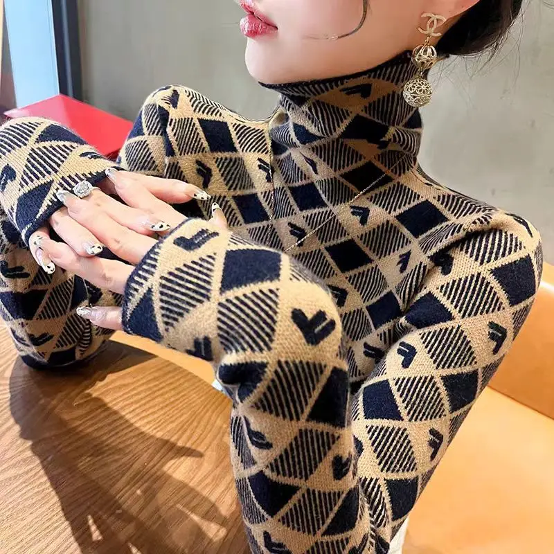 Women Clothing Fashion Turtleneck Argyle Knit Pullovers Autumn Winter Elegant Chic Slim Long Sleeve Long Sleeve All-match Tops