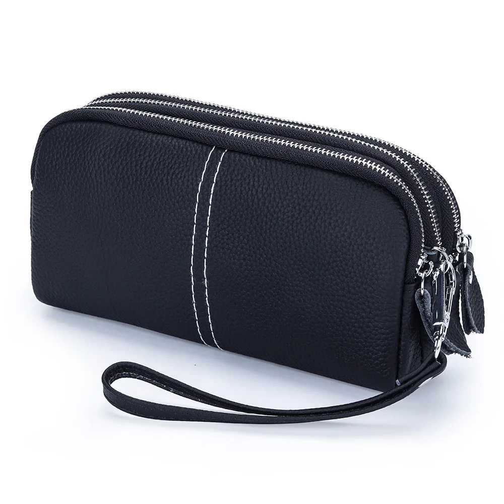 

Genuine Leather Women Clutch Purse 3-Layer Zipper Mobile Phone Purses Solid Cowhide Wristlet Clutches