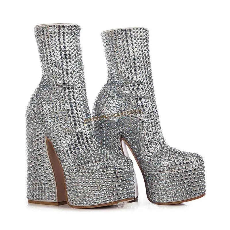 ALMUDENA Silver Multi-Crystal Ankle Boots Strange Chunky Heel Bling Bling Rhinestone Booties Sky High Platform Glitter Shoes