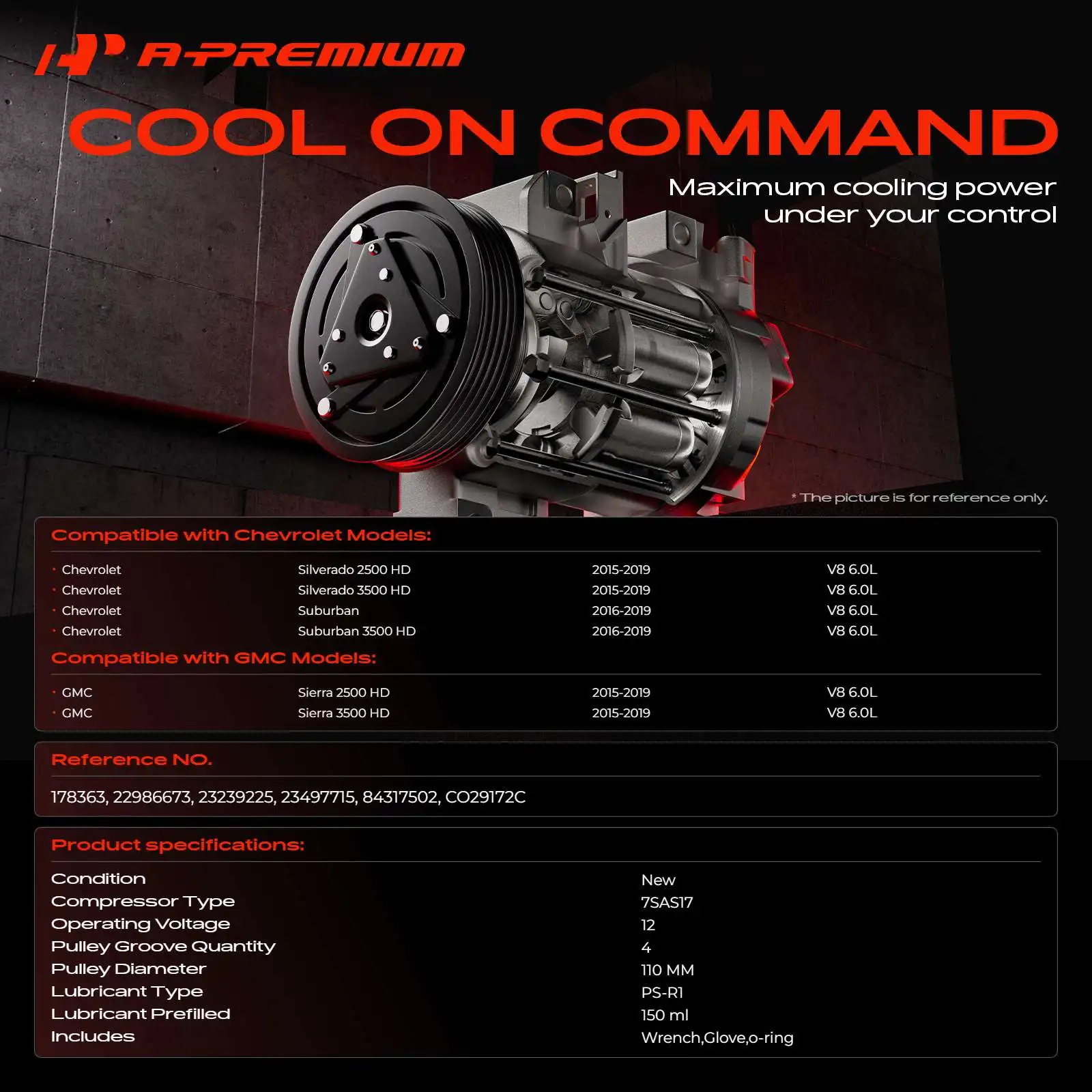 A-Premium AC Compressor with Clutch for Chevrolet Silverado 2500 HD Silverado 3500 HD 15-19 Suburban GMC Sierra 2500 HD 15-19