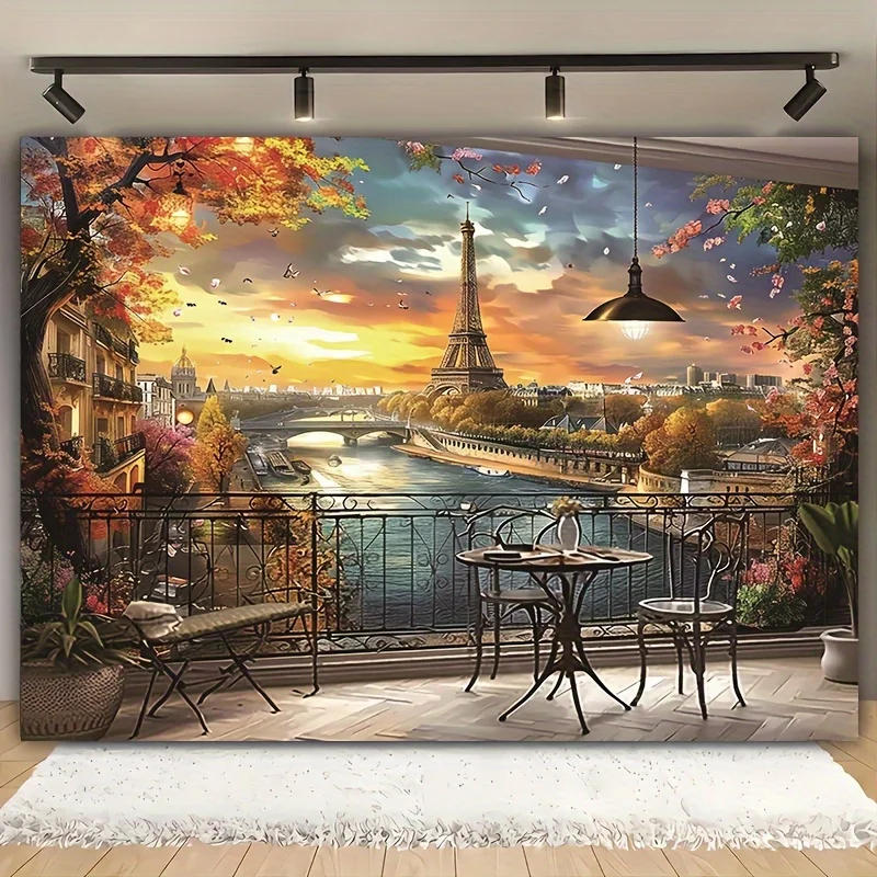 Paris Eiffel Tower Wall Mural River Seine Autumn Trees Sunset View 2D Flat Printing Art Decor For Living Room Bedroom Home