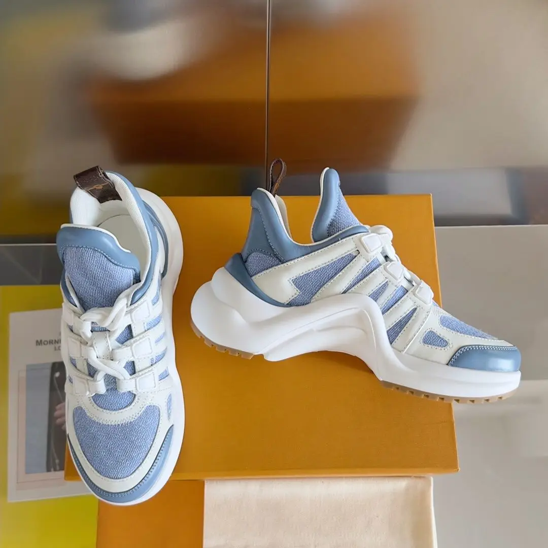 Unisex Blue White Chunky Dad Sneakers Mesh Leather Splicing Hollow Strap Curved Thick Platform Sole Lace Up Heightening Non Slip Street Casual Shoes