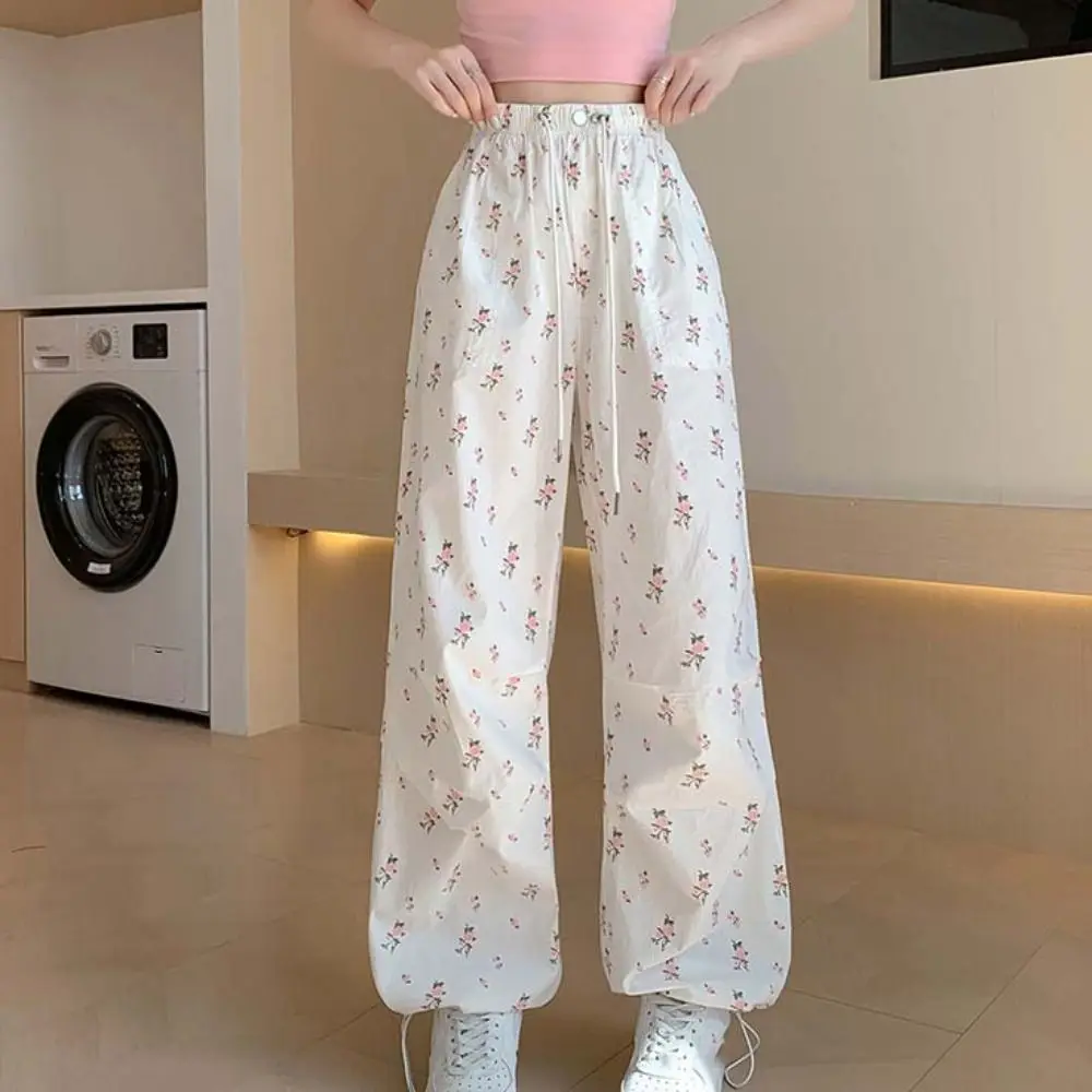 

Elastic Waist High Waist Floral Wide Leg Pants Oversized Y2K Straight Drawstring Sweatpants Streetwear Loose