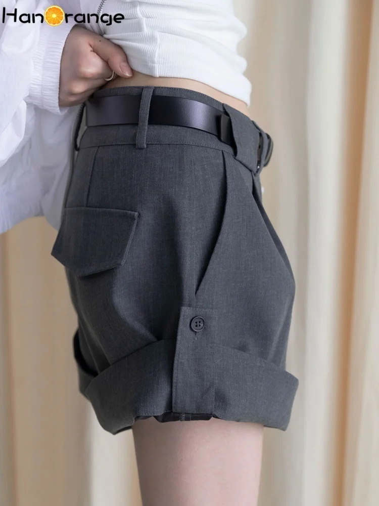 High Waist Grey Tailored Shorts Women With Black Belt Pleated Front Rolled Hem Loose Formal Suit Shorts For Ladies