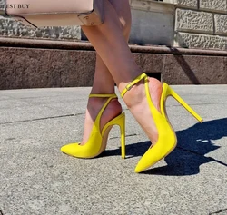 yellow colored high heels for women's 2024 spring and autumn new sexy buckle Stiletto pumps fashion pointed hollow single shoes