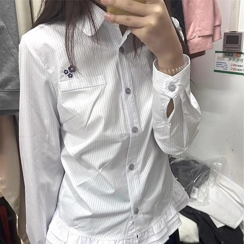 

Women's Clothing Striped Lotus Leaf Long Sleeves Shirt For Women Spring Autumn Japanese Style Loose Embroidery Sweet Top