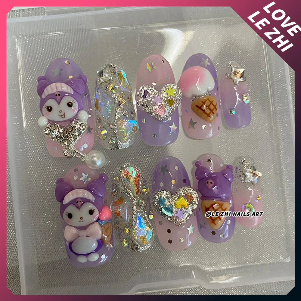 Sanrio Handmade 3D Hello Kitty Cinnamoroll Kuromi Handmade Press On Nails Bowknot Wings Pearl Diamond Wearable Full Cover Nails