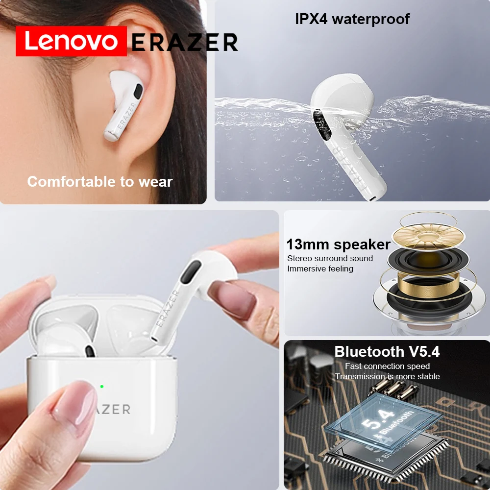 سماعات Lenovo ERAZER Original TWS اللاسلكية المزودة بتقنية البلوتوث، سماعات HiFi ذات الكمون المنخفض، سماعات رأس رياضية، تحكم باللمس، اتصال عالي الدقة