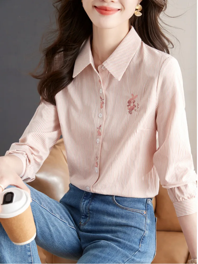 #3251 Pink Striped Shirts Slim Fit Cotton Embroidery Vintage Shirts Female Long Sleeve Single Breasted Womens Tops And Blouses