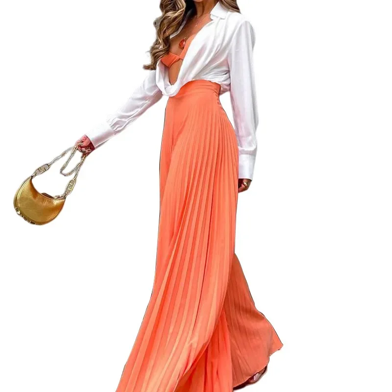 2024 Spring Autumn Women\'s Clothing Solid Color Fashion Elegant Pleated High Waist Long Wide-Leg Pants Temperament And Fashion