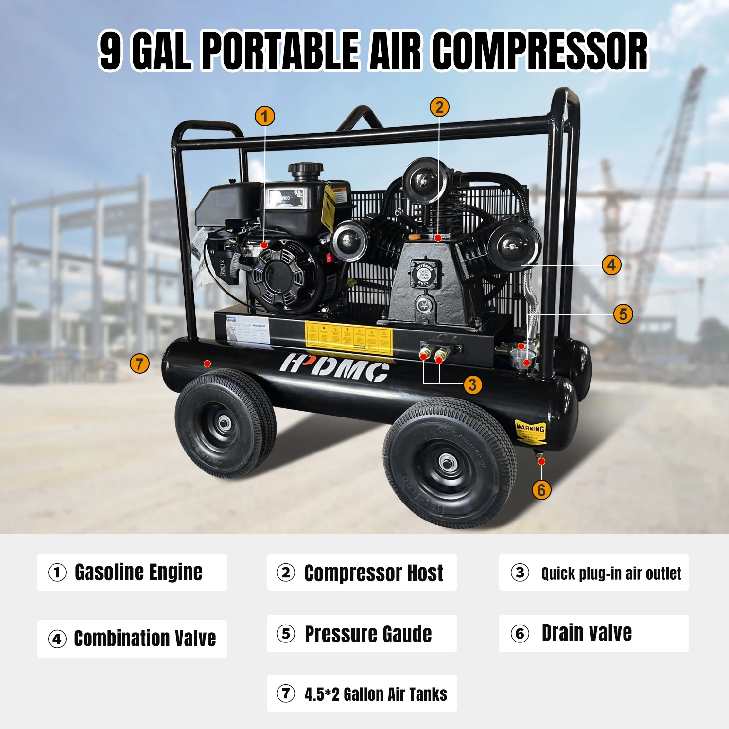 6.5HP Gas Powered Air Compressor 18CFM Portable Gasoline Driven Piston Pump Air Compressed System with 115PSI Max.Pressure