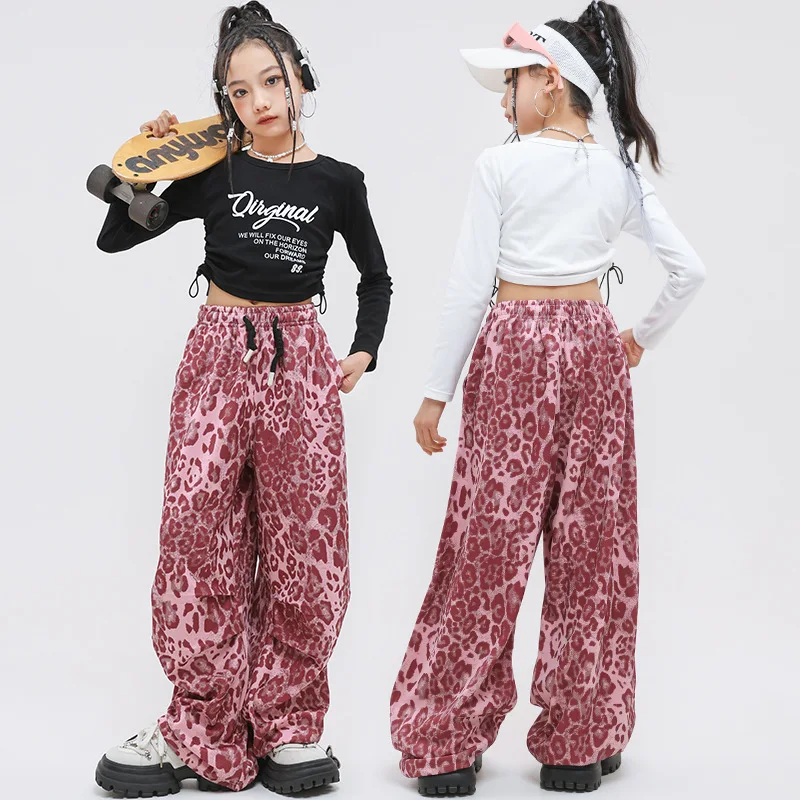 Kind Hip Hop Kleidung Geraffte Crop Top Langarm T-shirt Rosa Leopard Print Casual Hosen für Mädchen Jazz Dance Kostüme Kleidung