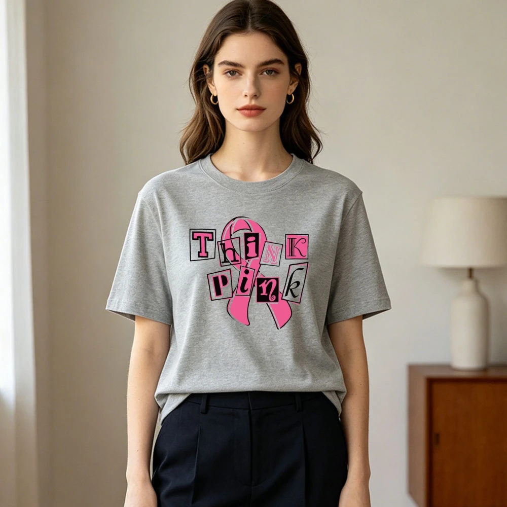 Think Pink Collage Letter Pink Ribbon Graphic Women Summer T Shirt Breast Cancer Warrior Inspirational Casual Short Sleeve