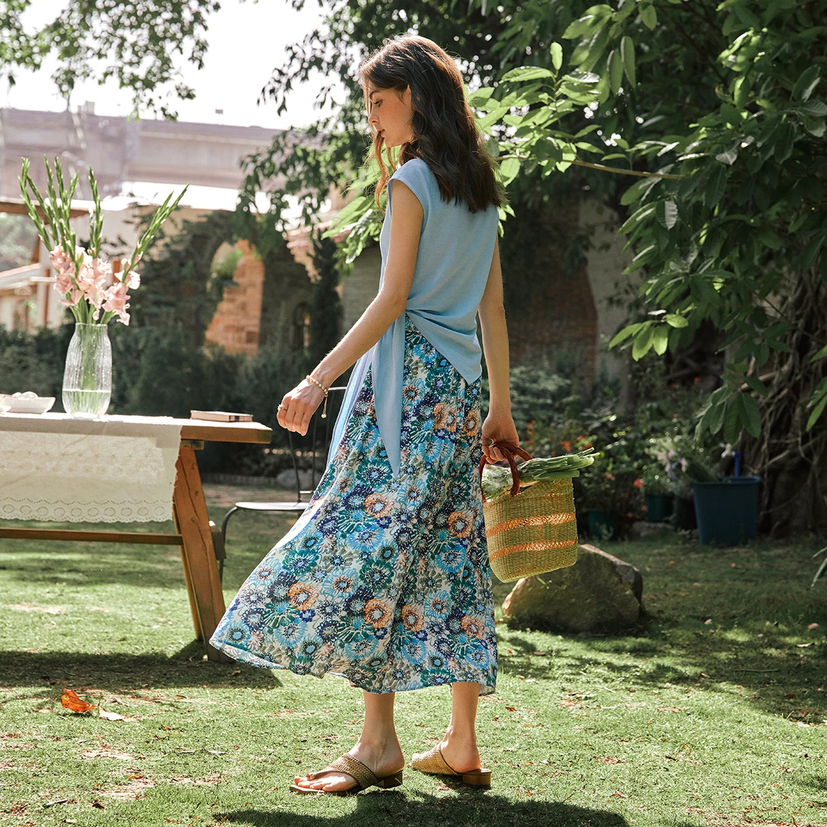 Olrain 2 peça define mulher roupas de férias 2025 verão moda saia floral azul cinta-on conjunto superior roupas femininas seto57xe99629