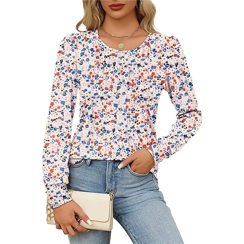 

ASDS-Women's Puff Long Sleeve Pleated Crew Neck Blouses Dressy Casual Loose Fit Winter And Spring Shirts