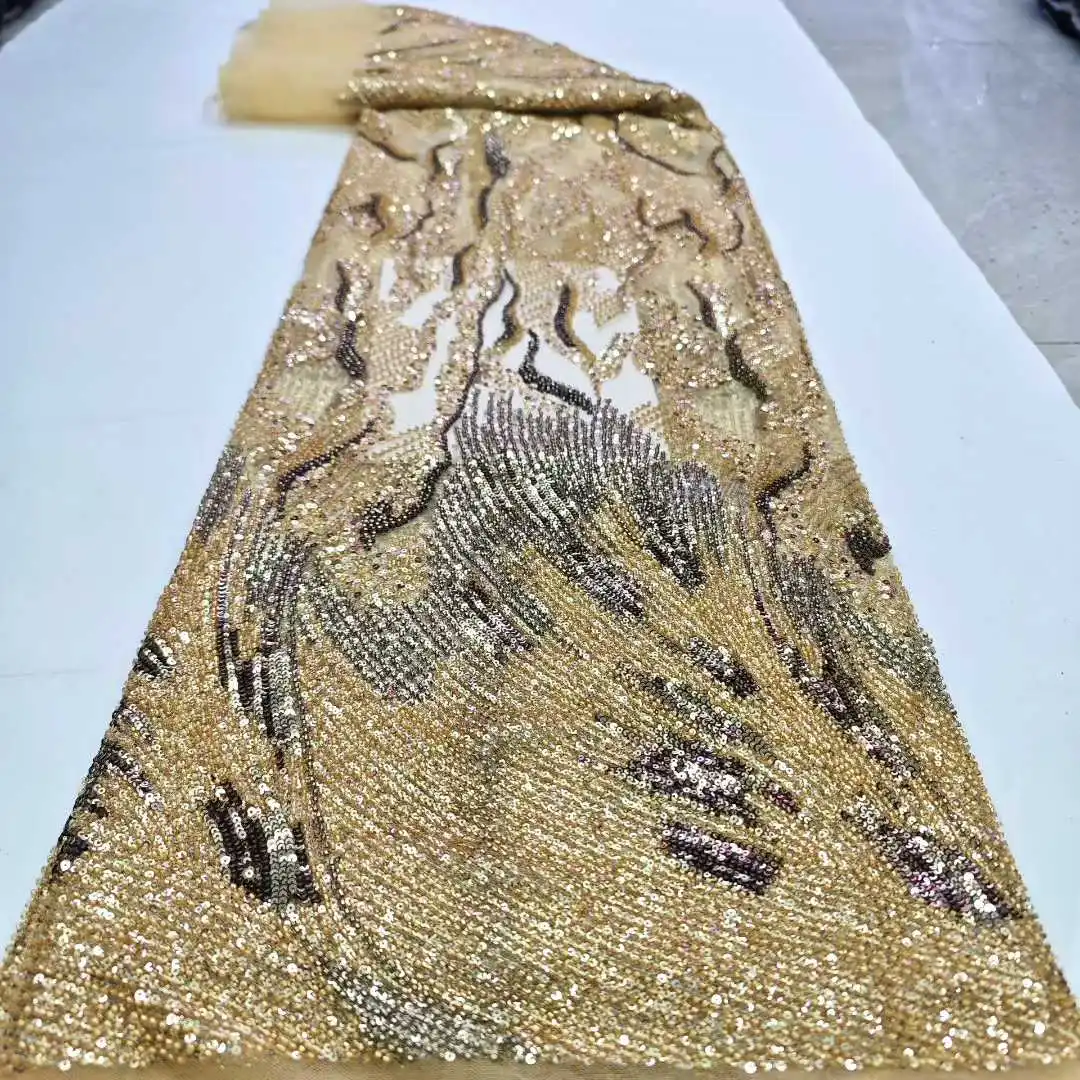 

Luxury Heavy Beads Lace High Quality Fabric 2025 Tulle Lace Fabric Fashion Latest Sequins Lace For African Wedding Fabric 5Yards