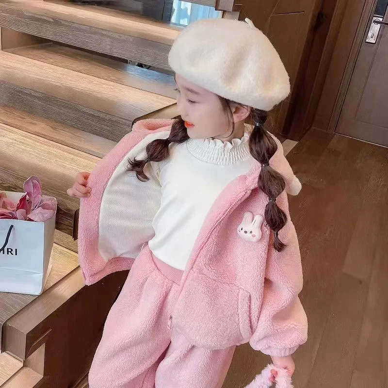 Pink Sweet 2-Piece Set Women's Children's Autumn/Winter New Arrival Warm Fleece-Lined Jacket Top Pants Women's Kids Outerwear