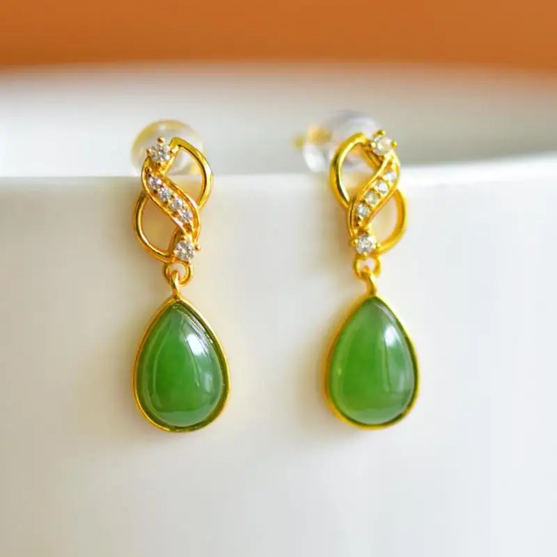 Genuine China Nephrite Stone Green Hetian Jade Water Droplet Earrings 925 Silver Certified Jewelry Women Elegant Gift Girlfriend