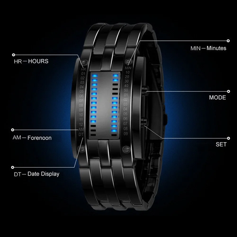 Business Men Stainless Steel Blue Binary Luminous LED Electronic Watch Displays Waterproof Fashion Women Led Watch Reloj Hombre