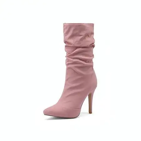 Jeans Denim Flock Material Pointed Toe Sexy Stilettos Pink Nude Color Super Thin High Heels Mid-calf Pleated Design Women Boots