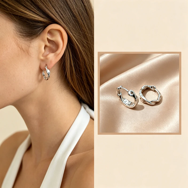Twisted Irregular Smooth Huggie Hoop Earrings Silver Gold Two Tone Hypoallergenic Piercing Jewelry Women Minimal Stackable Daily