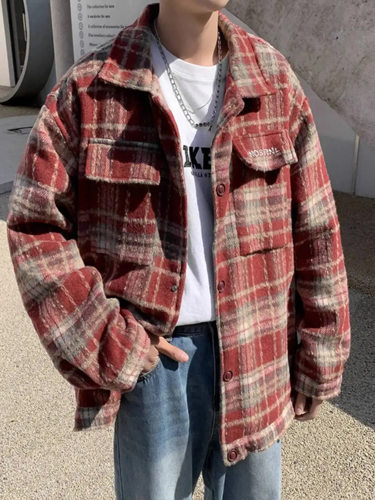 

Men's Thick Shirts Jacket 2025 Autumn Retro Plaid Shirt Jacket Lapel Embroidered Brand Student Cool Street Wear Outerwear