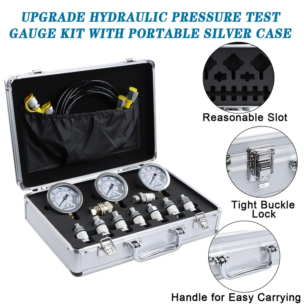 1set Excavator Hydraulic Pressure Test Kit w/ 9000PSI, 600BAR, 60MPa Gauges 25, 40, 60Mpa Test Coupling Hose, Diagnostic Tool