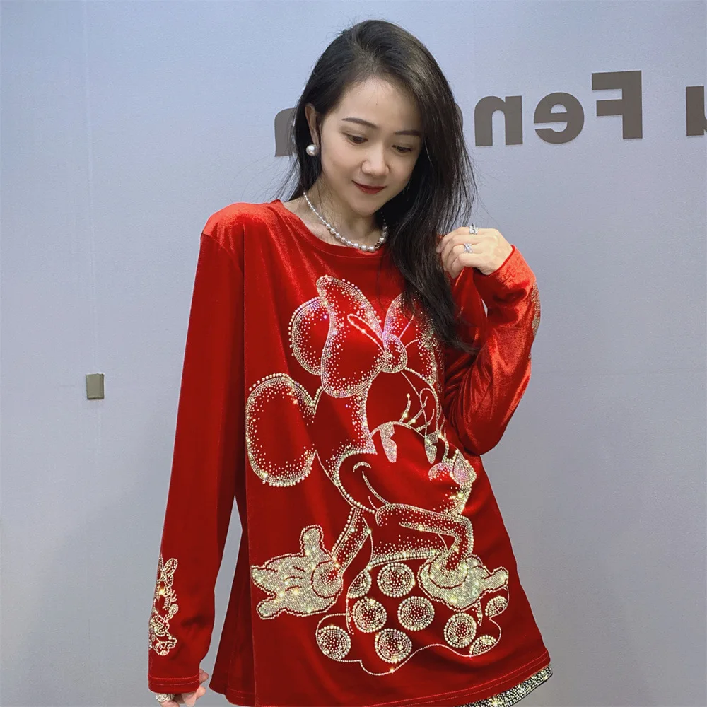 Fashion Cartoon Pattern Diamonds T Shirts Women Velvet Clothes Loose O Neck Long Sleeve Pullover Tops Tee Занзеа Женская Одежда