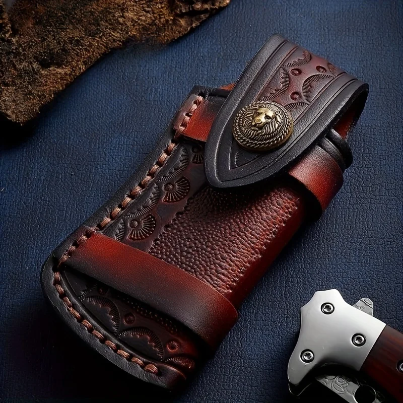 Hand-Carved Genuine Leather Folding Knife Sheath | Compact Outdoor Waist Pack for Storing Small Knives