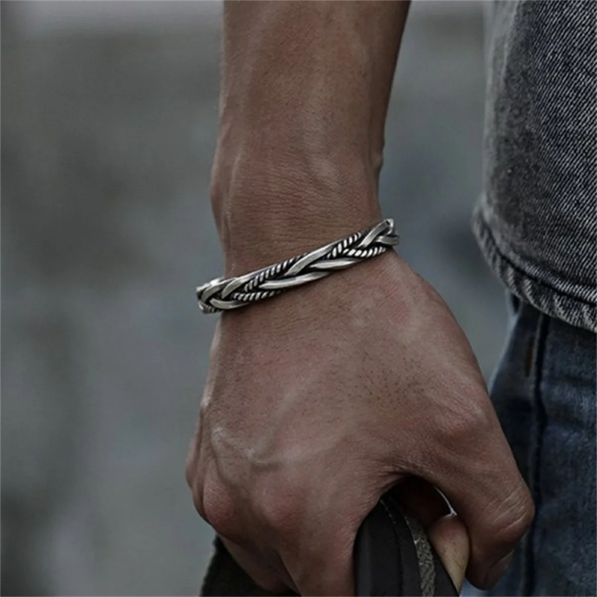 Vintage Trendy Silver Color Open Cuff Bracelet Nordic Viking Bangle Unique Twisted Woven Bracelet Men's Wristband Jewelry Gift