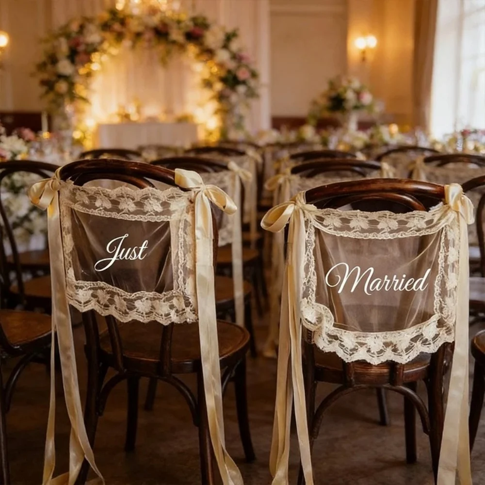 

2PCS Lace Just Married Chair Sign for Bride & Groom Wedding Sheer Lace Signs Wedding Bridal Shower Decor Wedding Chair Banners