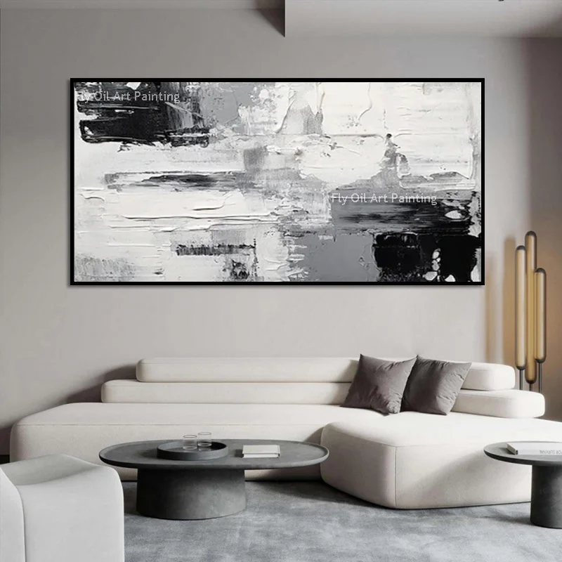 Light Blue And White Simple Artwork Abstract Gold Foil Canvas Oil Painting Handpainted Black White Grey Home Wall Decor Items