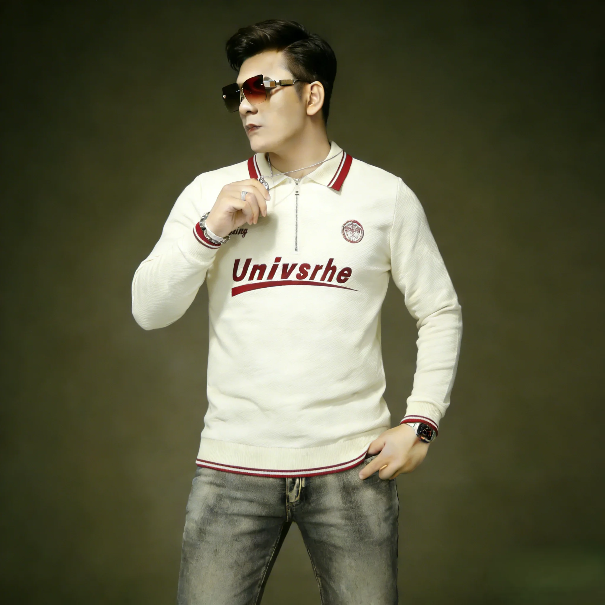 

Свитшот с полумолнией и вышивкой, модный, роскошный, для деловых встреч, Paul Irt, из хлопка и полиэстера, дышащий, эластичный