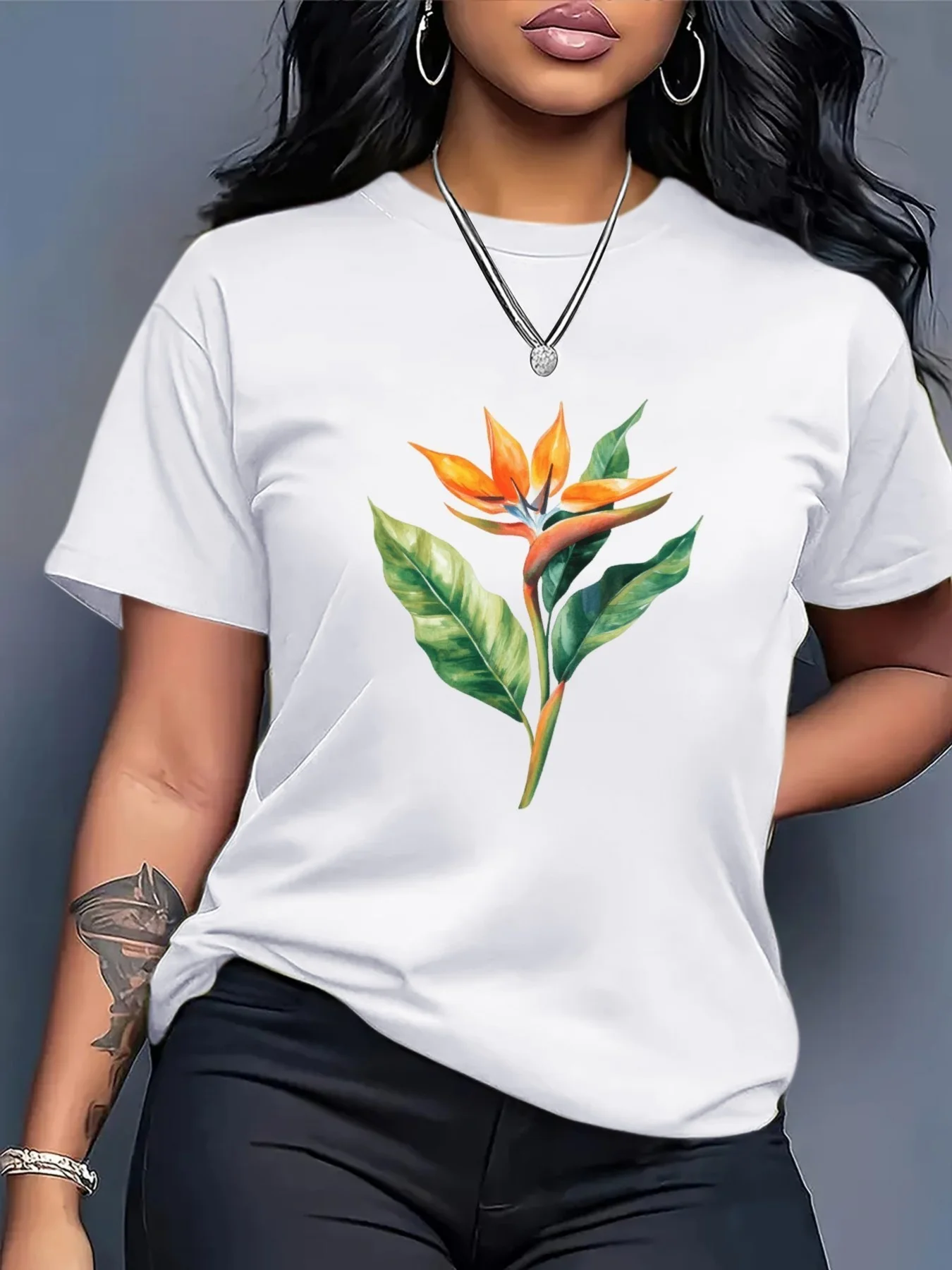 

Женская футболка с круглым вырезом и райской птицей с цветочным принтом в стиле Харадзюку, повседневная одежда, уличные топы, футболки, эстетичная одежда