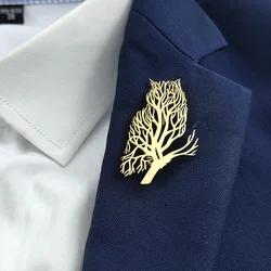 Creative animal hollow owl tree of life stainless steel gold-plated 18K brooch, black suit accessories, wedding matching set