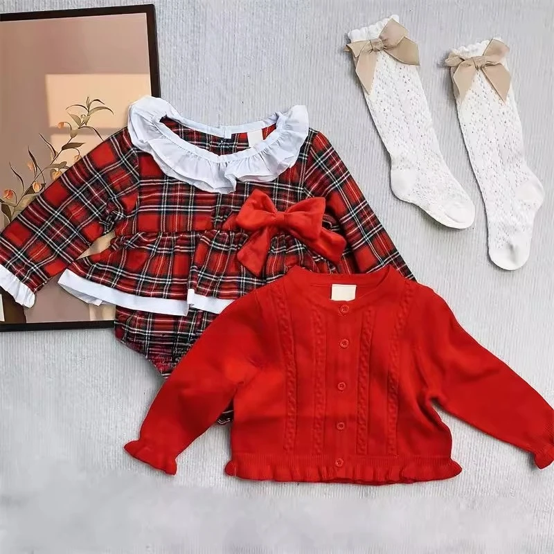 Spanish style children's clothing Christmas elements pure cotton bow red plaid fart + knitted jacket + socks