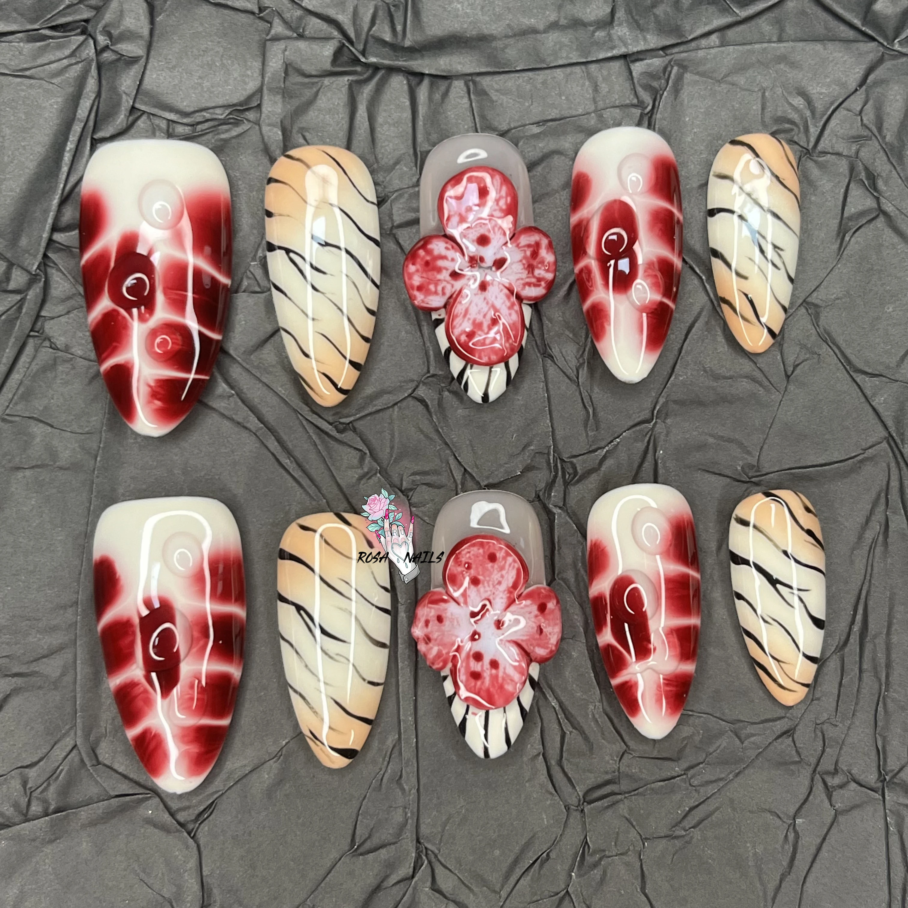 

10Pcs Almond Press On Nails Hand-Painted Air Brush Nail Art 3D Flowers Red Gradient Handmade 5D Flower Style Design False Nails