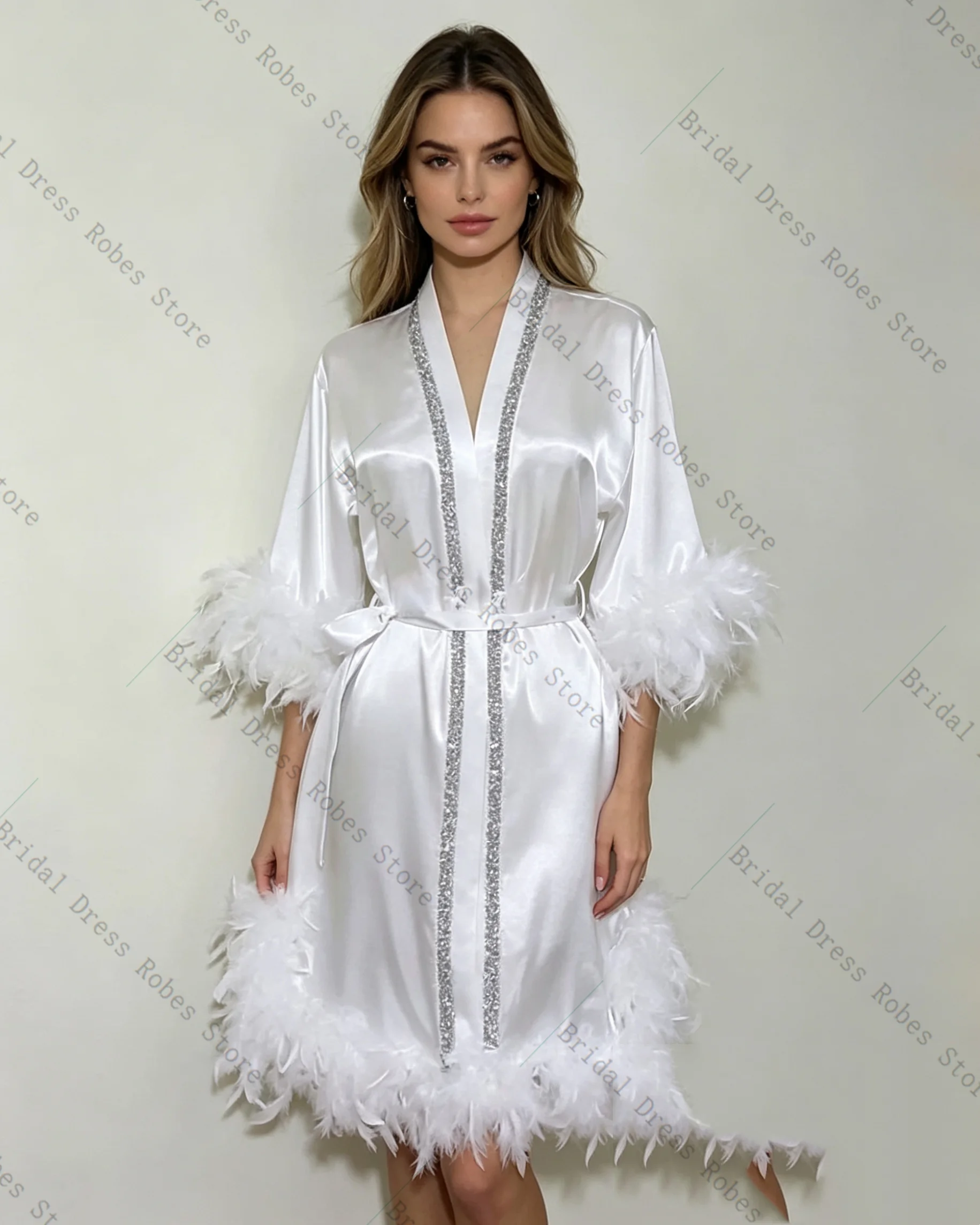 

White Feather Satin Women Prom Dress For Photoshoot Formal Sexy V Neck Short Mini Bridal Morning Robe Customized Night Gown