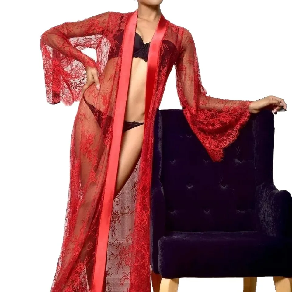 

Sexy lingerie long nightgown see-through pajamas breathable new conjoined fresh mesh leisure nightdress set QU6A