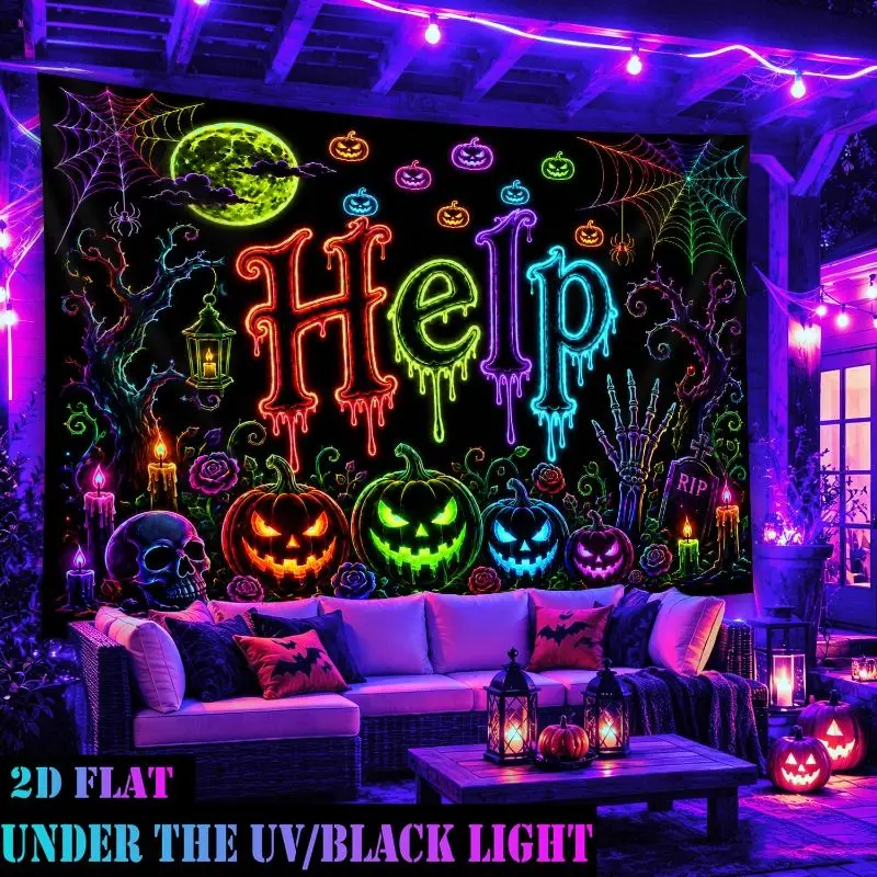Halloween Neon Help Tapestry Pumpkin Skull Spider Web Polyester Wall Hanging Spooky Party Aesthetic Bedroom Dorm Home Decor