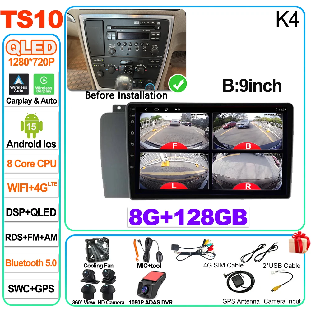 Android 16 voor Volvo XC70 V70 S60 2004 2005 2006 2007 2008 2009 autoradio head unit Carplay Auto multimediaspeler touchscreen