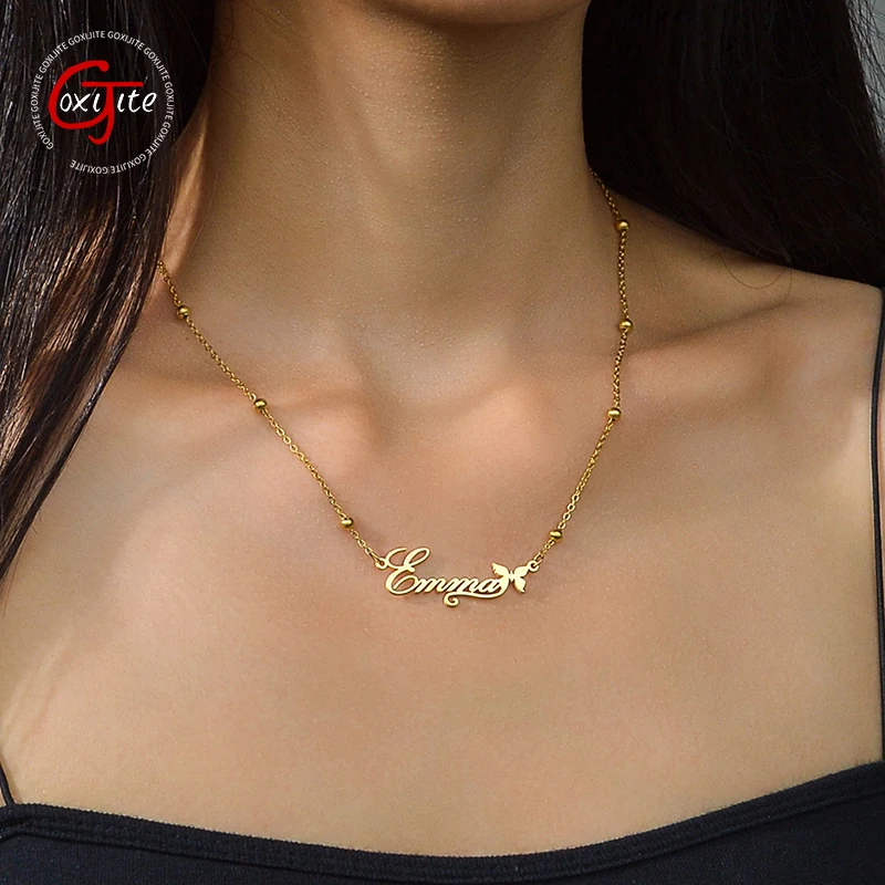 

Goxijite Trendy Customized Name Necklace For Women Girls Stainless Steel Personalized Butterfly Nameplate Beads Chain Necklaces