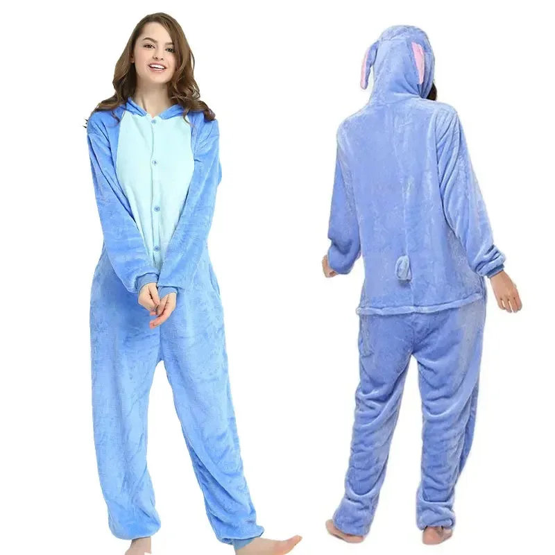 Adults Kigurumi Onesie Couple Flannel Sleepwear Unisex Stitch Cartoon Animal Pajamas Set Winter Warm Flannel Hooded Pajama Women