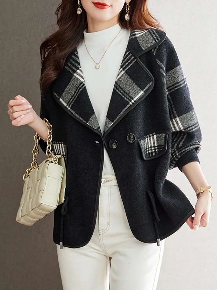 Turn-down Collar Fashion Elegant Coat Jackets Women's Casual Striped Korean Chaquetas Short Woolen Lapel New Outerwear Top
