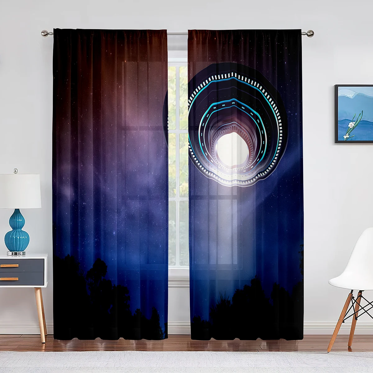 UFO Night Scenery Science Fiction Sheer Voile Curtains for Living Room Modern Curtain Bedroom Tulle Curtains Window Drapes Decor